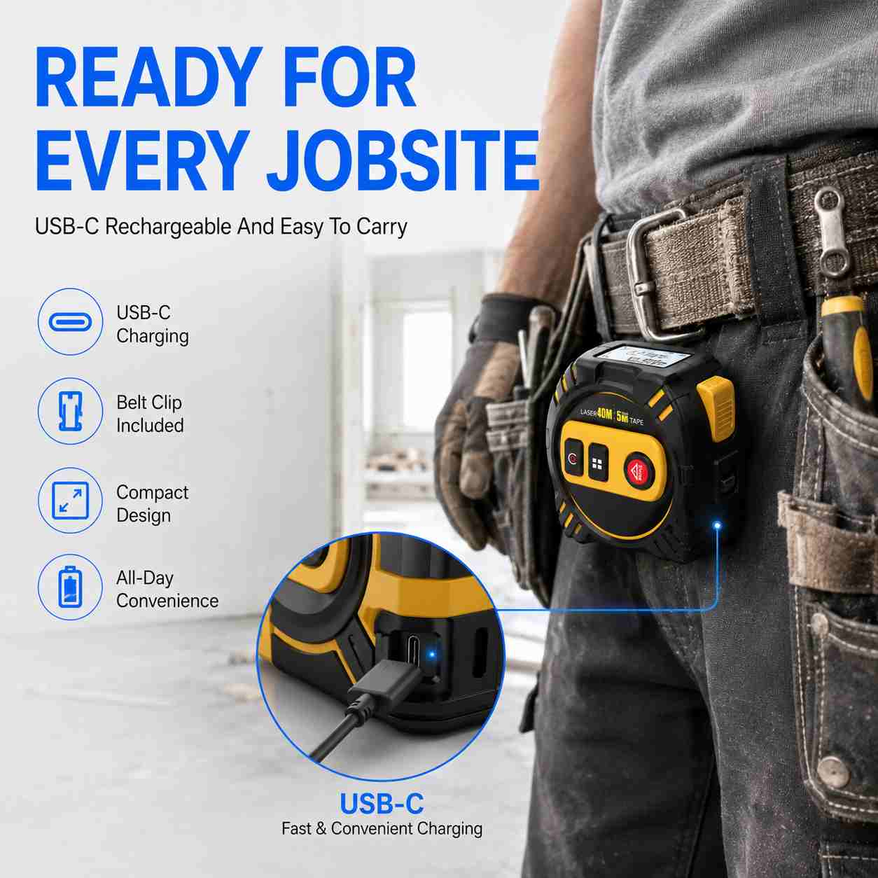 USB-C rechargeable laser tape measure with belt clip for convenient jobsite use