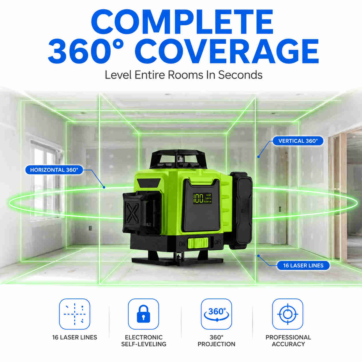 Green beam laser level complete 360 coverage