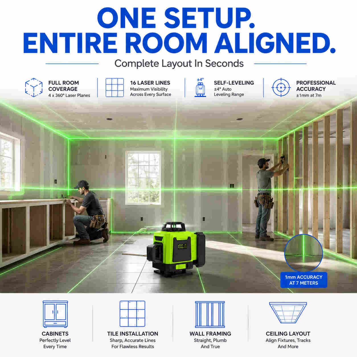 Green beam laser level one setup entire room aligned