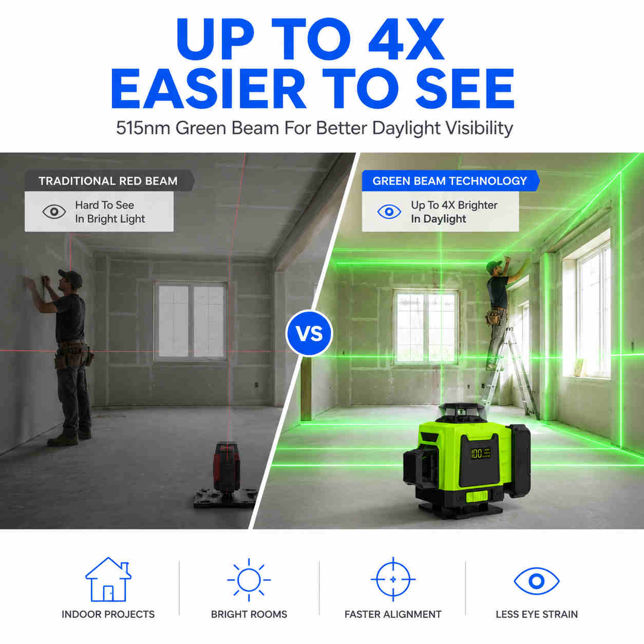 Green beam laser level up to 4X easier to see 