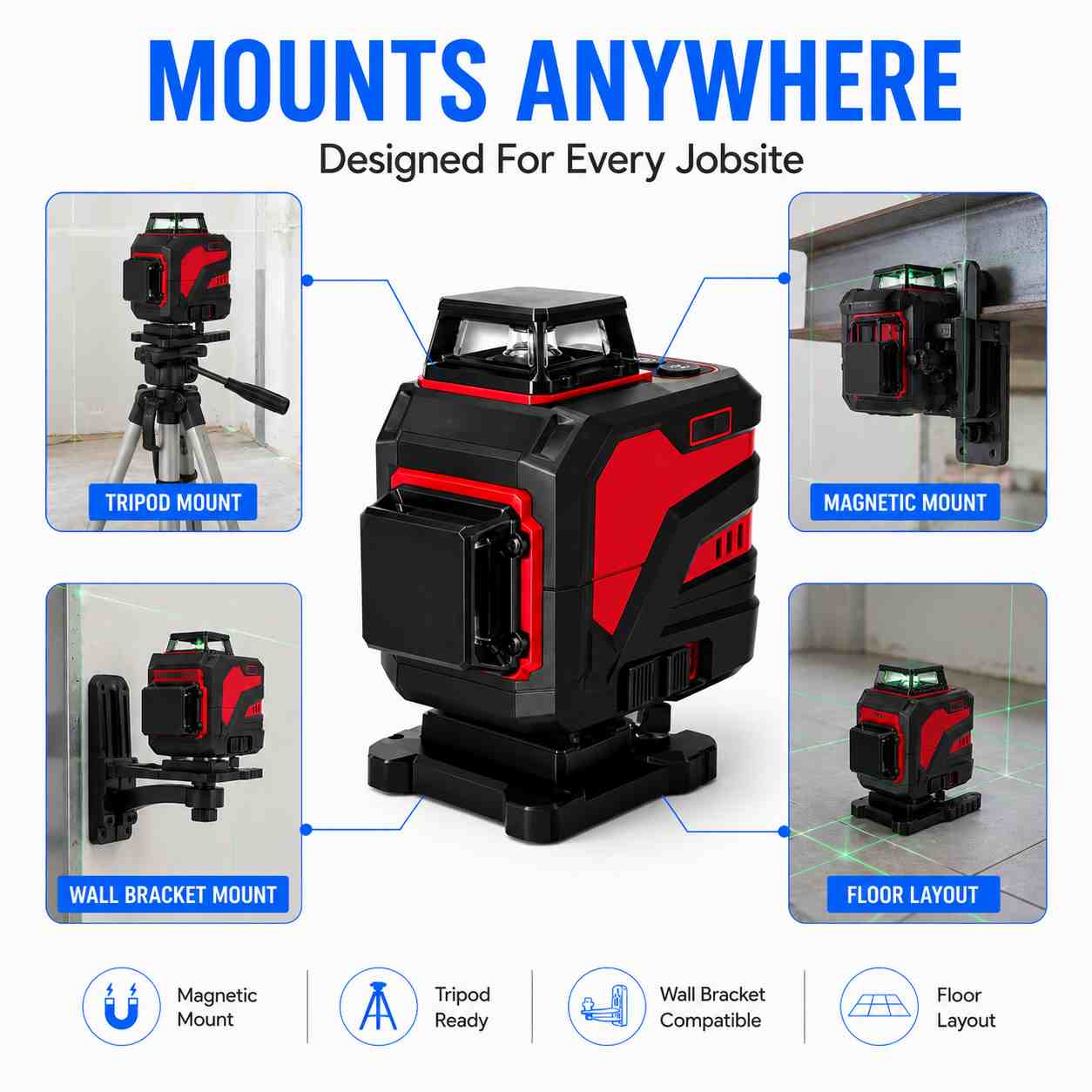 Grid laser level mounts anywhere 