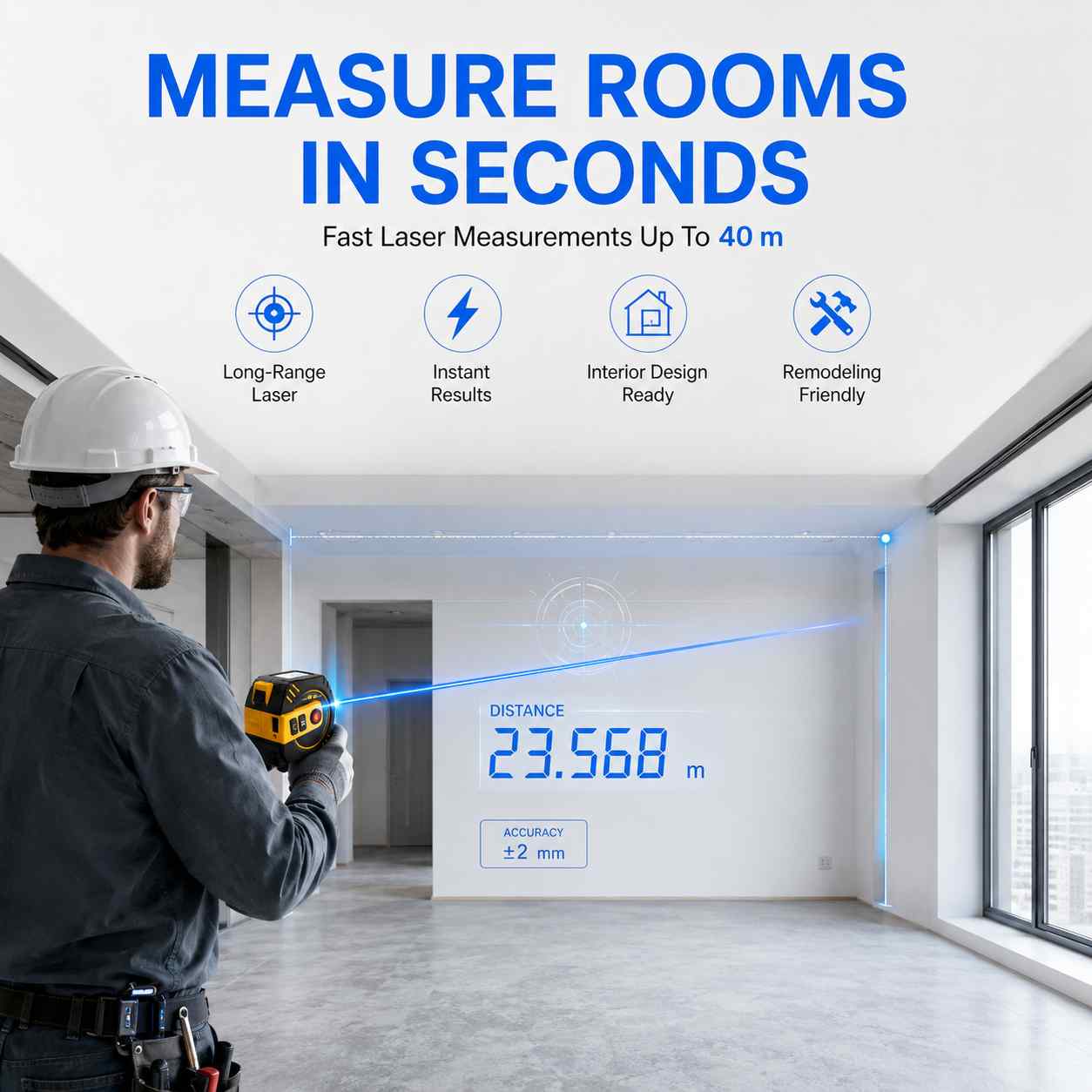 Laser tape measure accurately measuring a large room with a 40 meter laser distance range