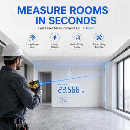 Laser tape measure accurately measuring a large room with a 40 meter laser distance range