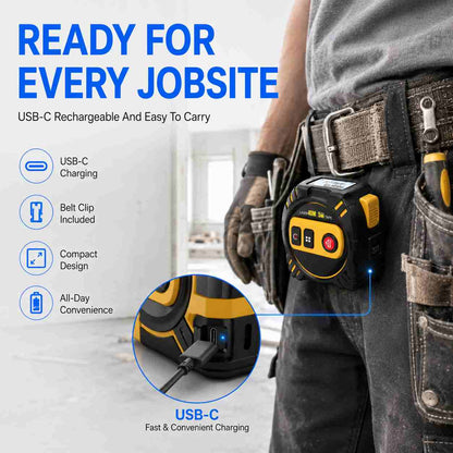 USB-C rechargeable laser tape measure with belt clip for convenient jobsite use