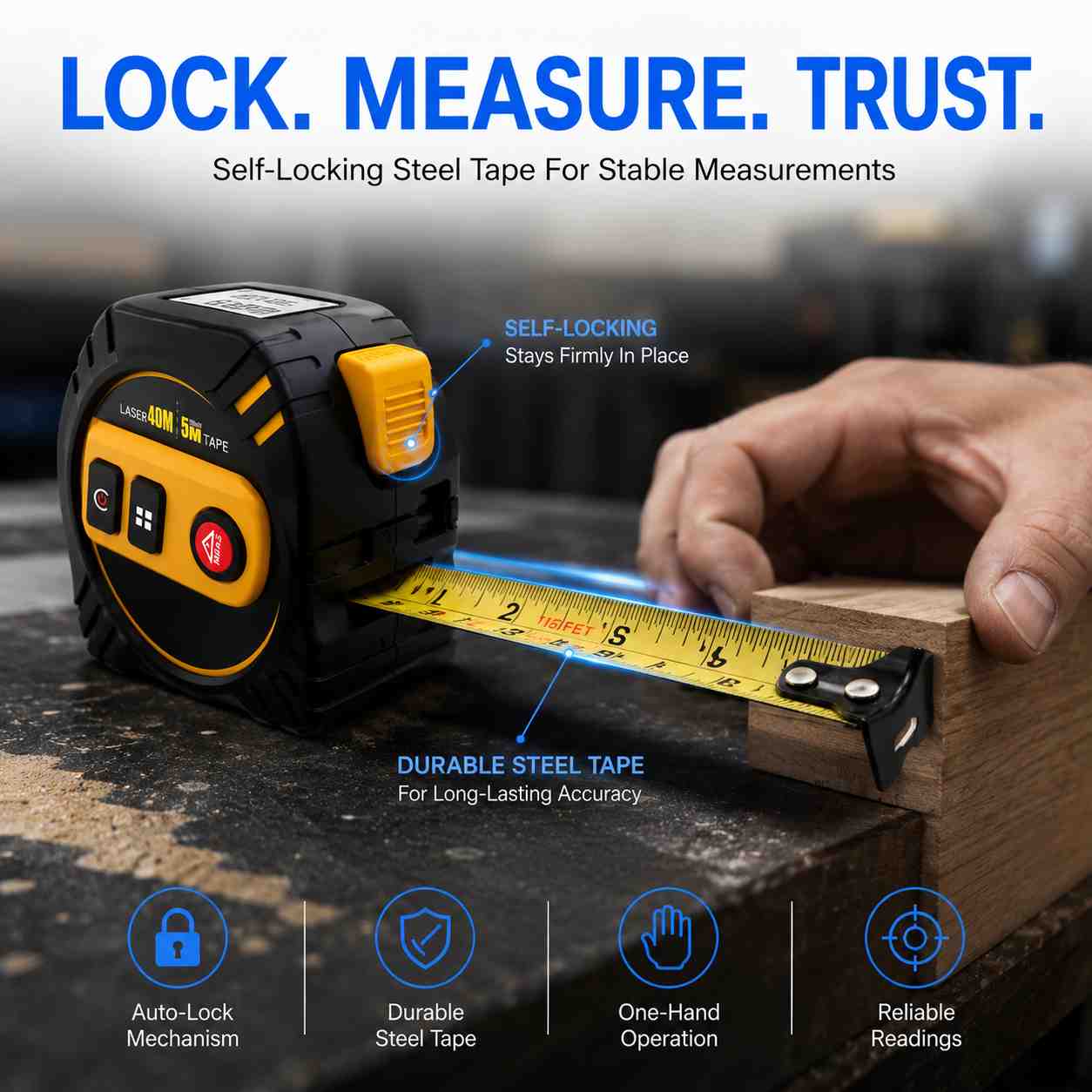 Self-locking steel tape measure designed for stable and accurate one-handed measurements