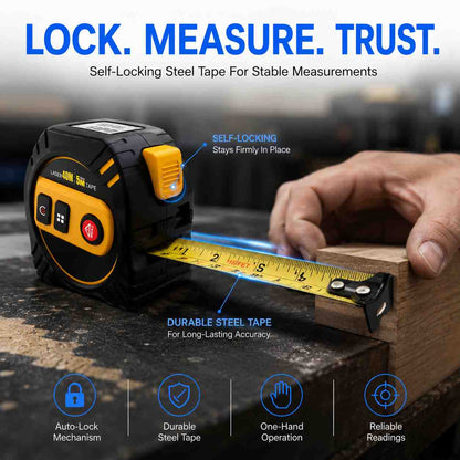Self-locking steel tape measure designed for stable and accurate one-handed measurements